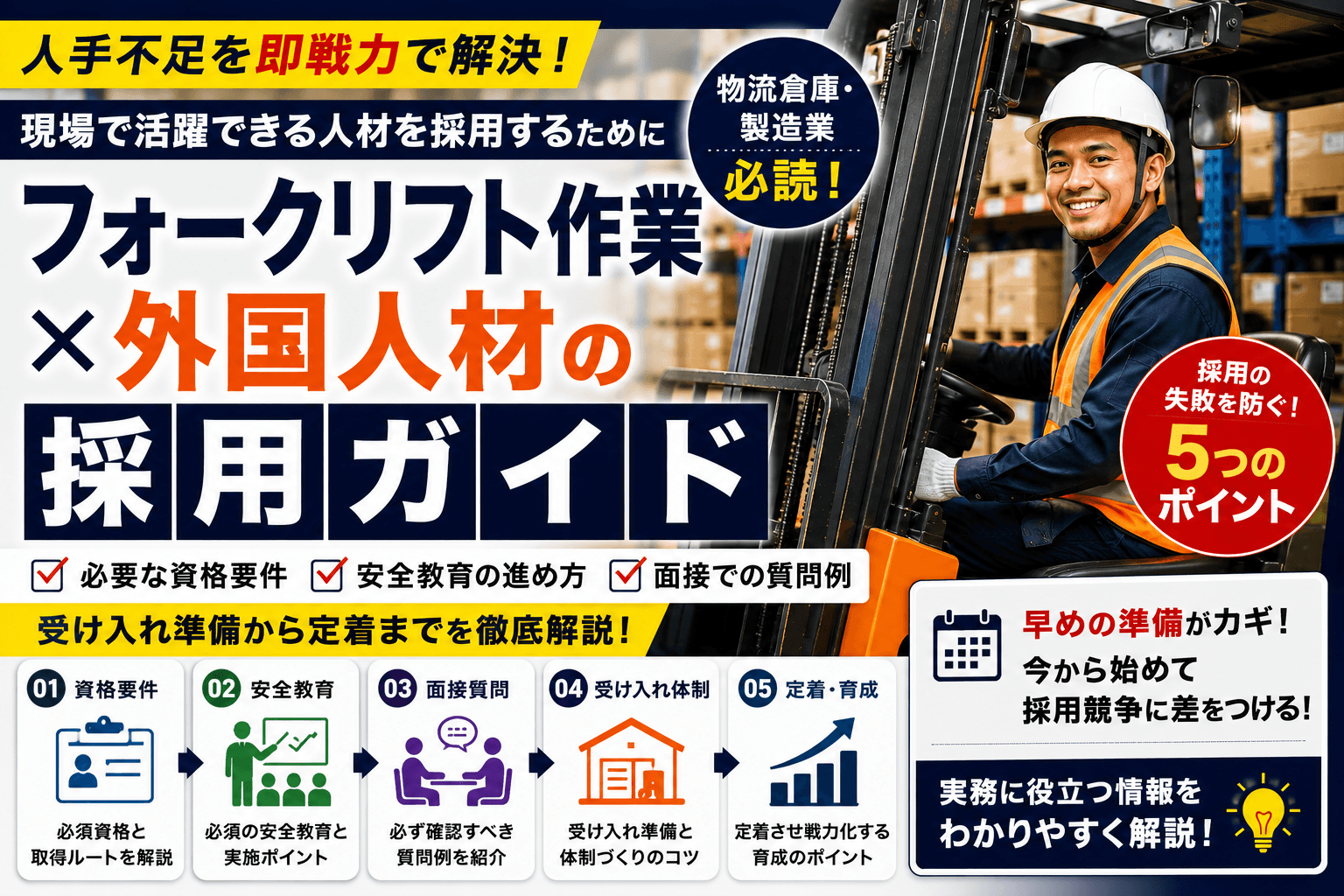 フォークリフト作業×外国人材の採用ガイド|資格要件・安全教育・面接質問