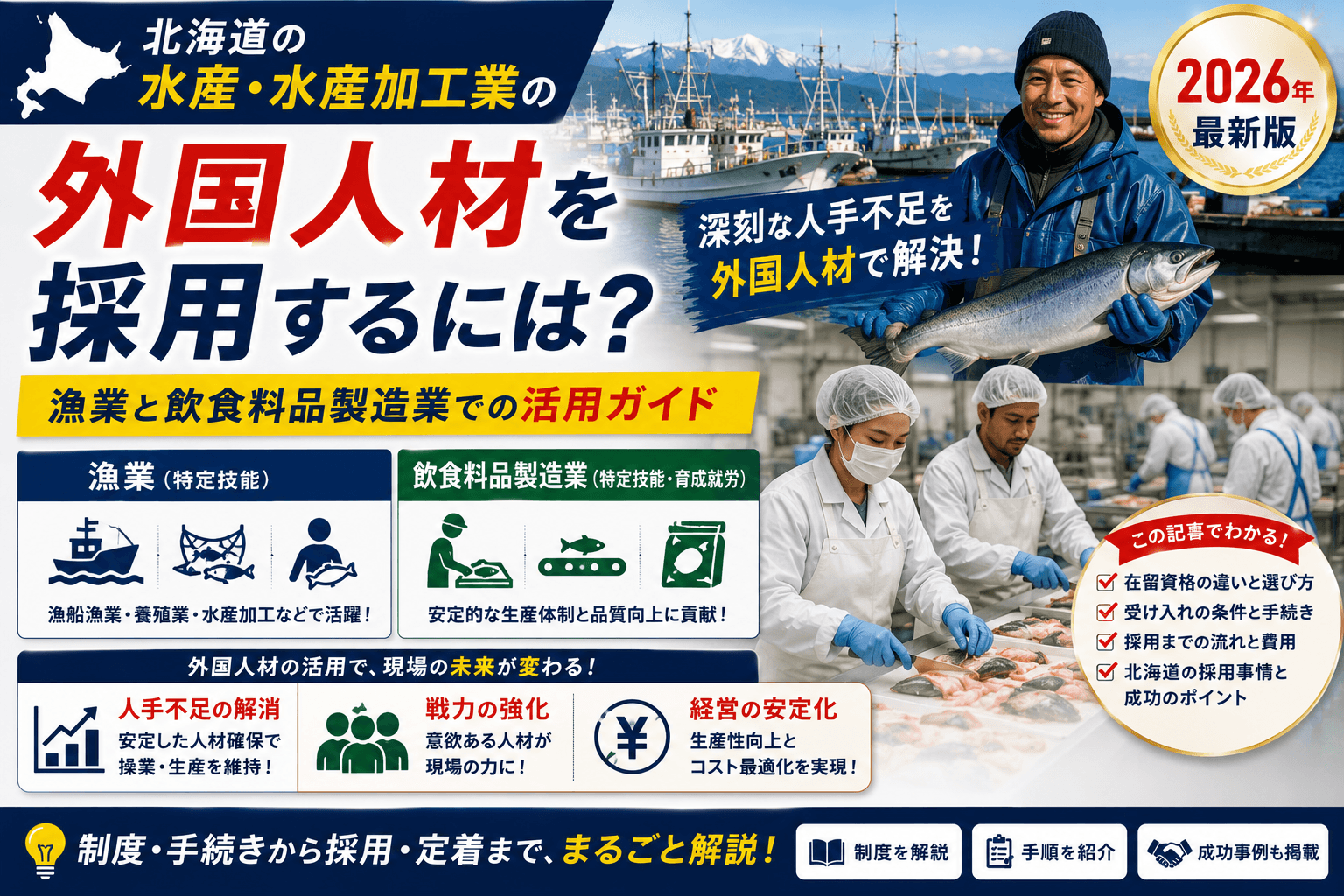 北海道の水産・水産加工業が外国人材を採用するには|漁業と飲食料品製造業の特定技能・育成就労【2026】