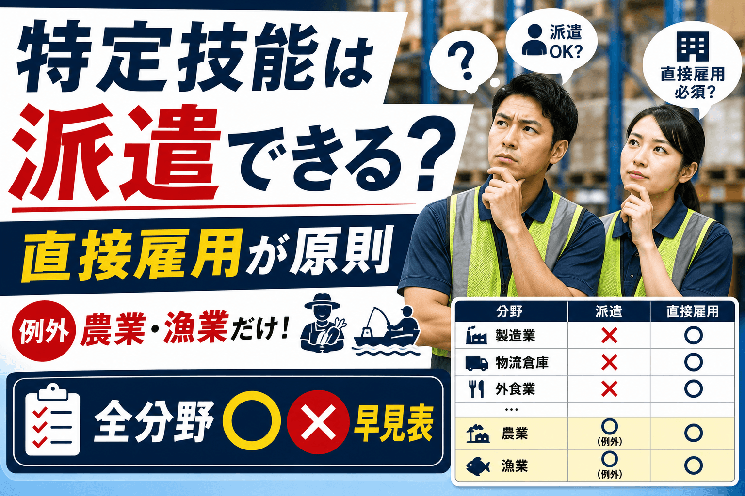 特定技能は派遣できる?直接雇用が原則・農業漁業だけ例外【全分野○×早見表】