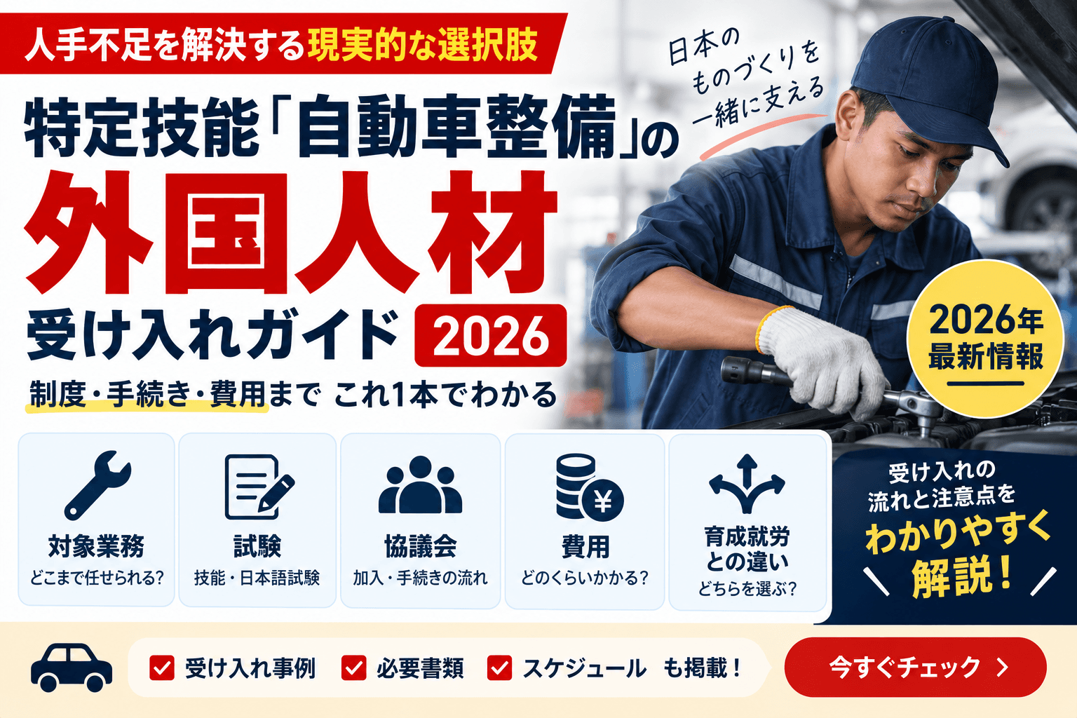 特定技能「自動車整備」の外国人材 受け入れガイド|対象業務・試験・協議会・費用・育成就労との違い【2026】