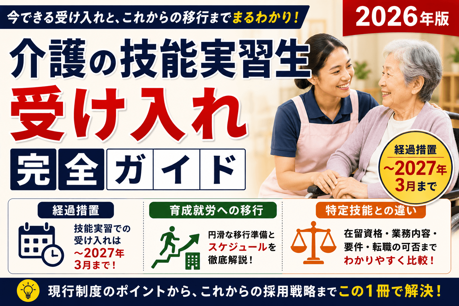 介護の技能実習生 受け入れ完全ガイド|経過措置(〜2027年3月)・育成就労への移行・特定技能との違い【2026】