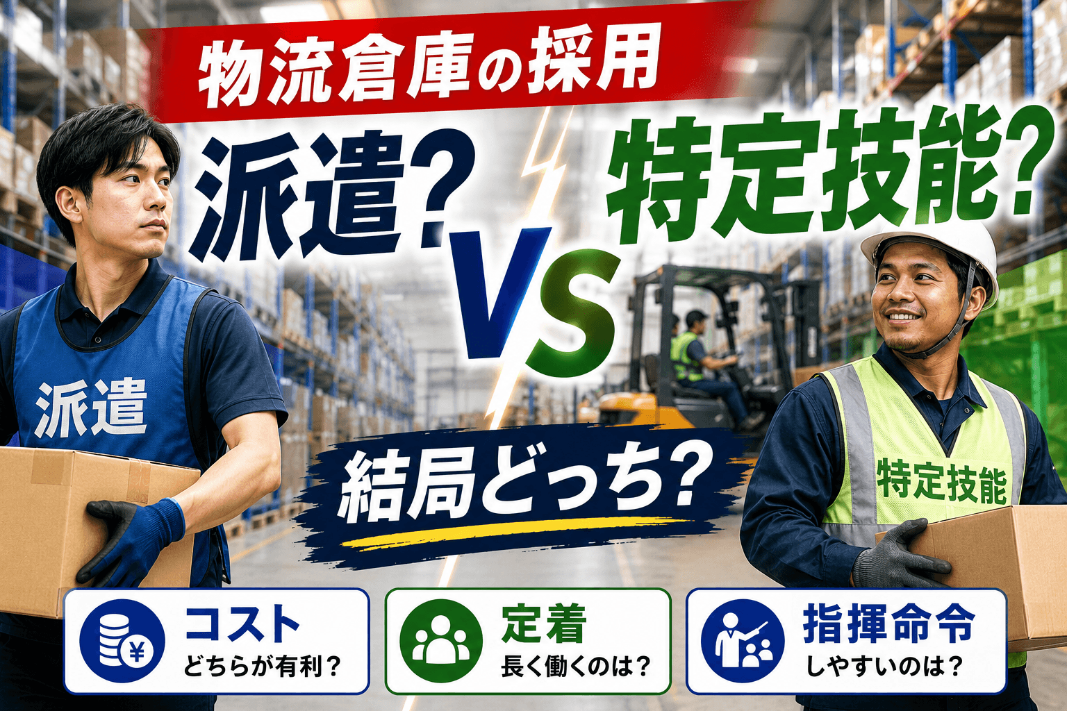 倉庫の人材は派遣か直接雇用(特定技能)か|コスト・定着・指揮命令で徹底比較【物流倉庫】