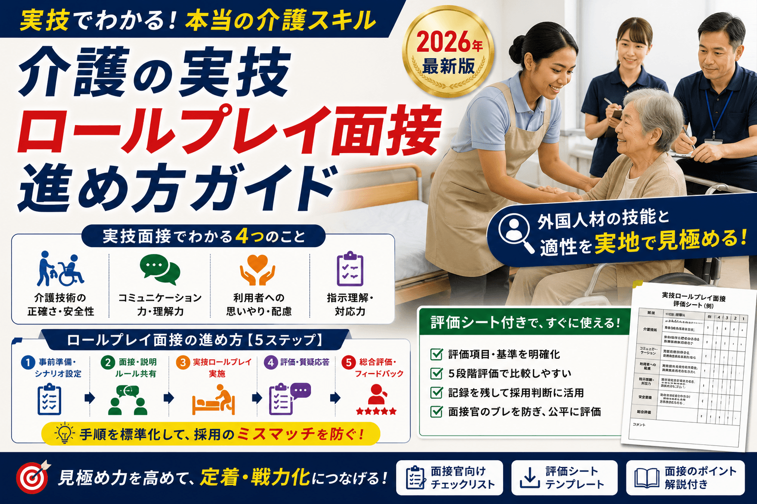 介護の実技ロールプレイ面接 進め方ガイド|外国人材の技能を実地で見極める手順と評価シート【2026年版】