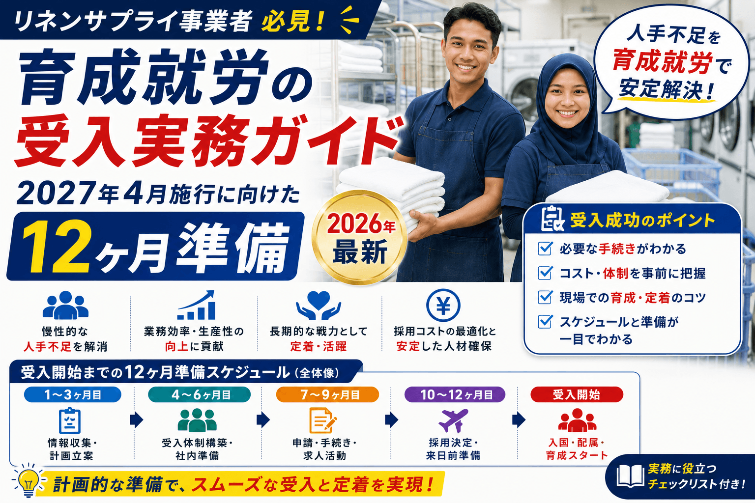 リネンサプライの育成就労 受入実務ガイド|2027年4月施行に向けた12ヶ月準備【2026年最新】