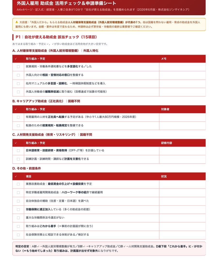 P.1 自社が使える助成金 該当チェック15項目