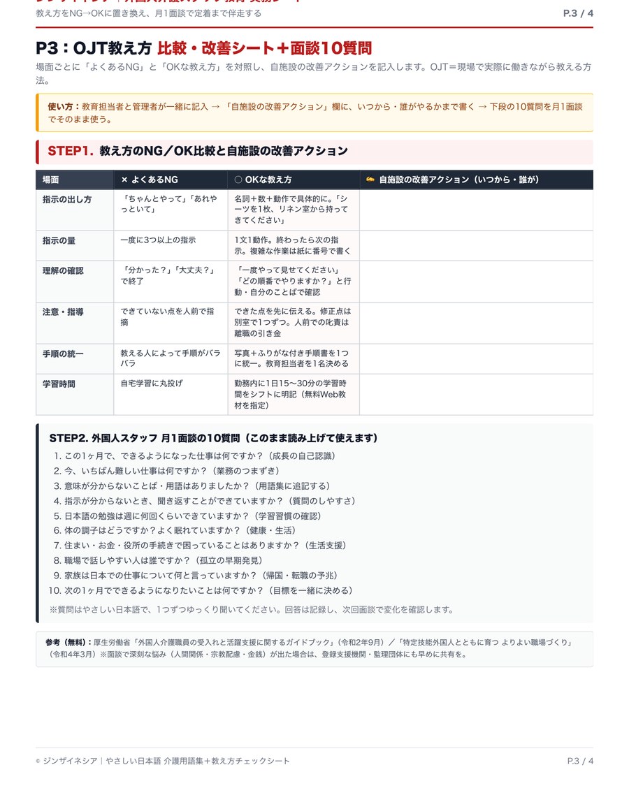 P.3 OJT教え方 比較・改善シート＋面談10質問